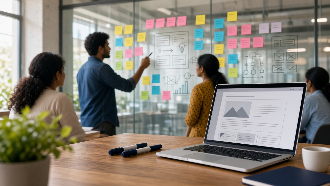 Startup workshop with a lean canvas, sticky notes, and a simple product prototype on a laptop