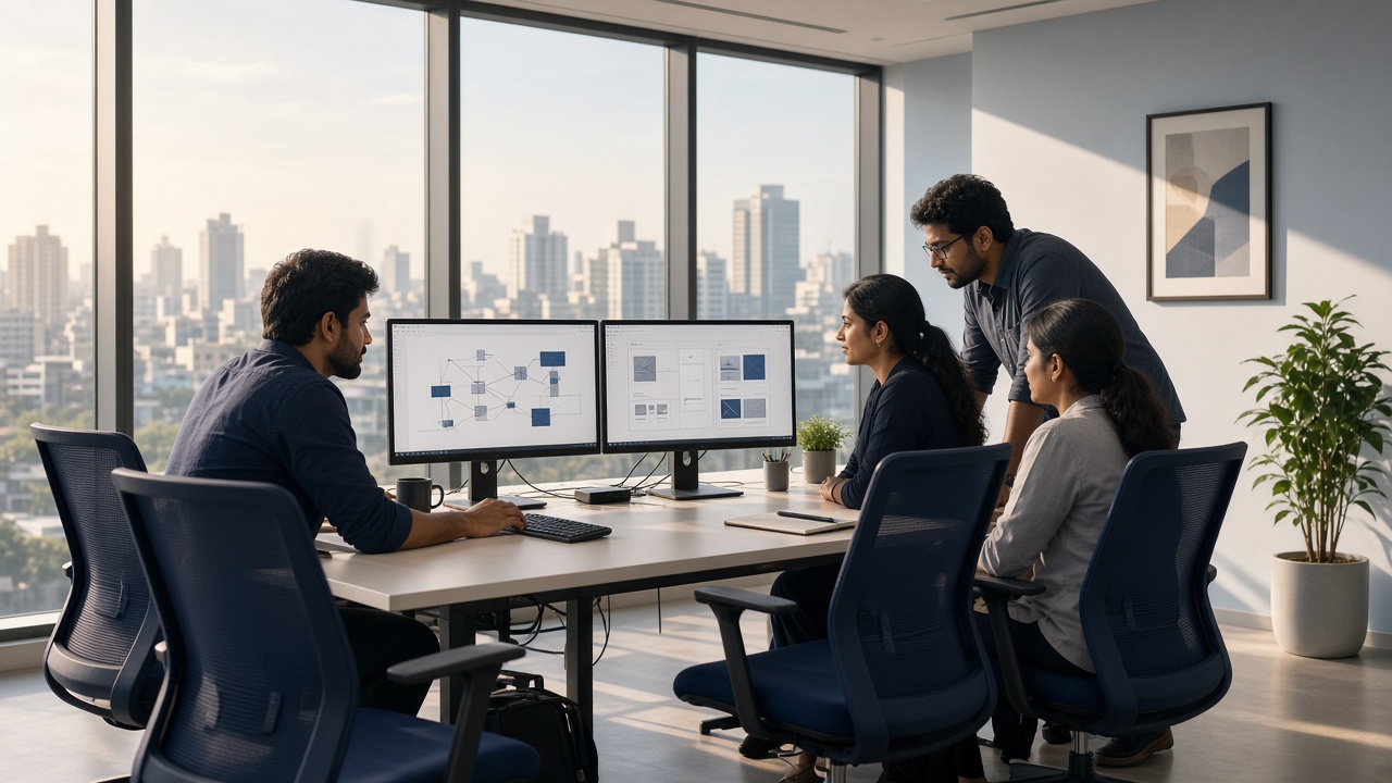 Product engineers in a Chennai studio reviewing software architecture on dual monitors