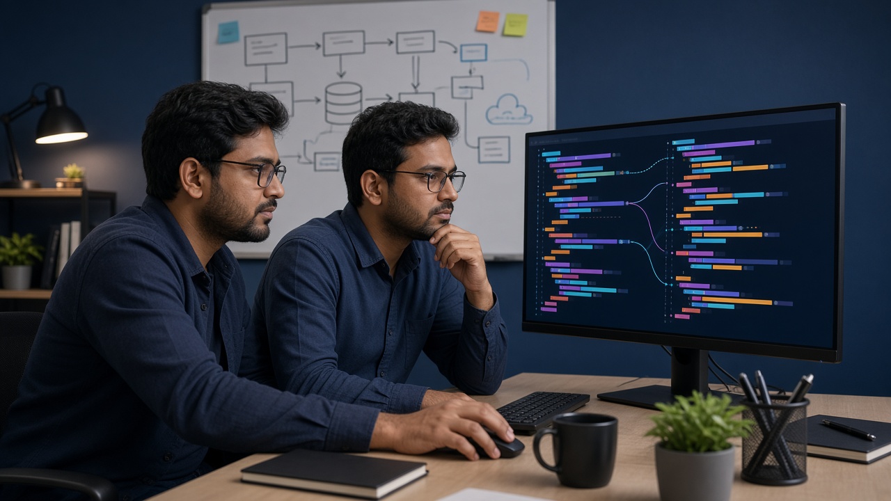 Developers using an AI coding assistant beside a whiteboard architecture sketch