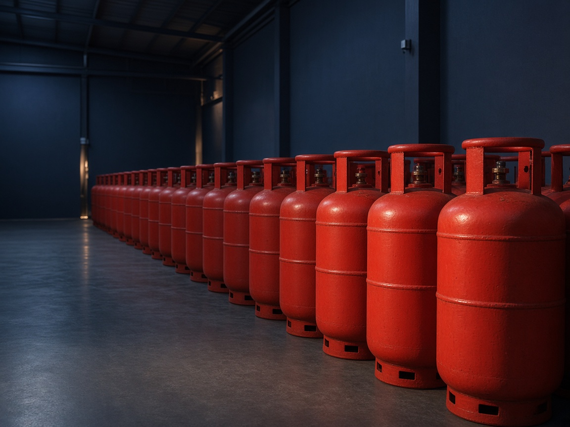 LPG cylinders lined in an agency godown